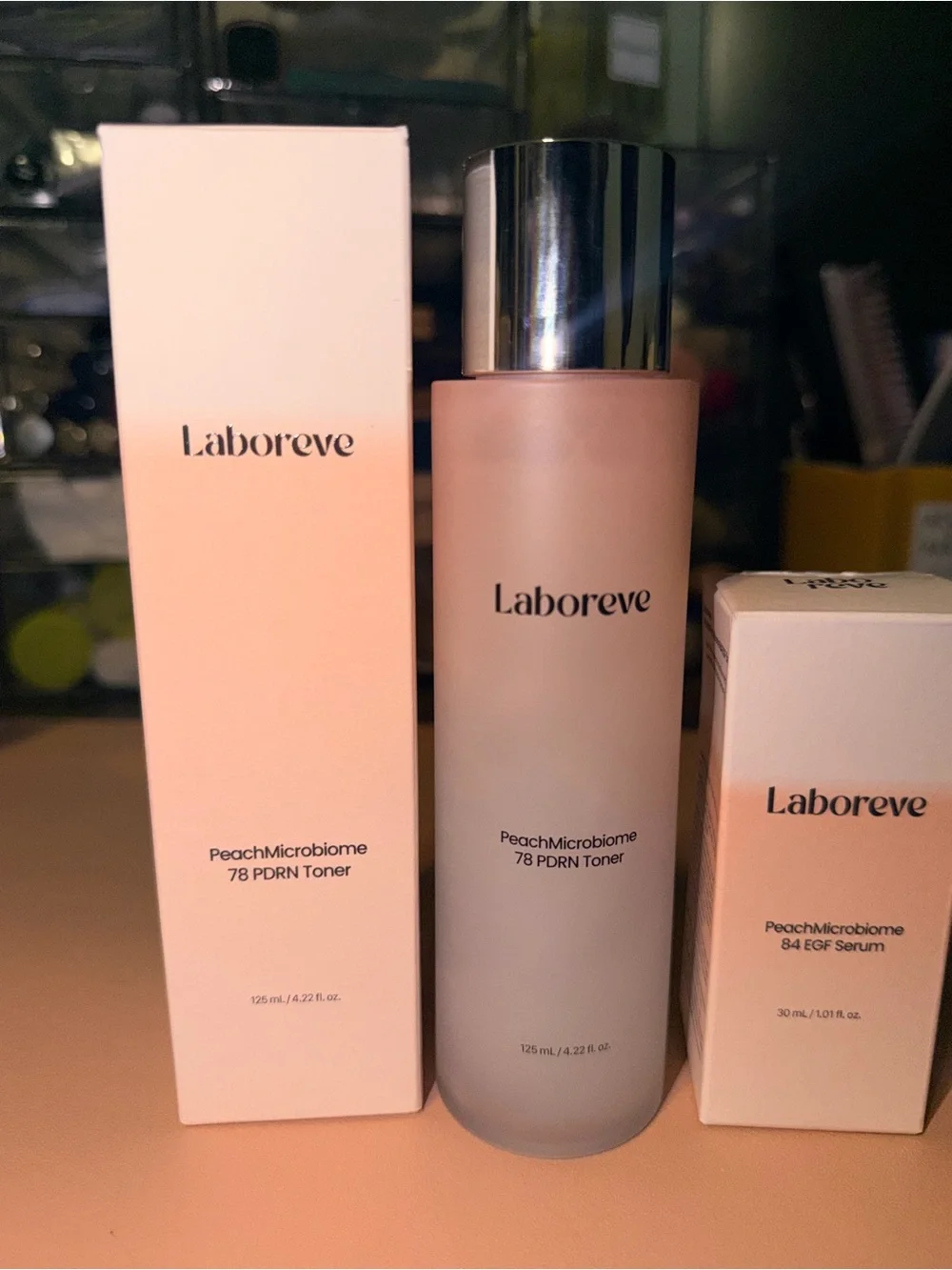 2 items: Laboreve PeachMicrobiome 78 PDRN Toner & Laboreve 84 EGF Serum